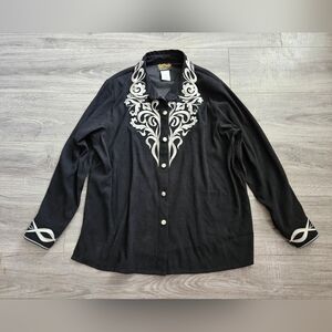 Bob Mackie Wearable Art Black & White Embroidered Long Sleeve Button Up Shirt 1X